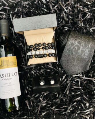 Abieyuwa Luxury Gift Boxes for him in Lagos bracelet wine cufflinks and tie. The indulgence
