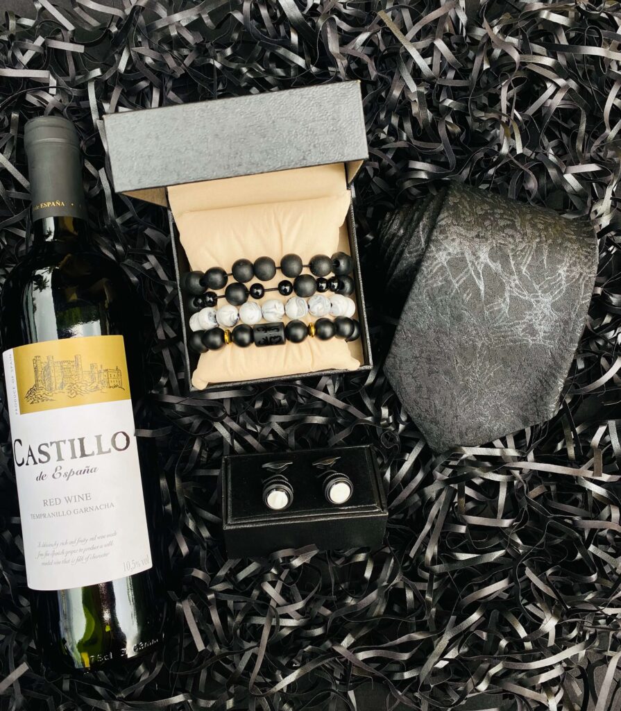 Abieyuwa Luxury Gift Boxes for him in Lagos bracelet wine cufflinks and tie. The indulgence