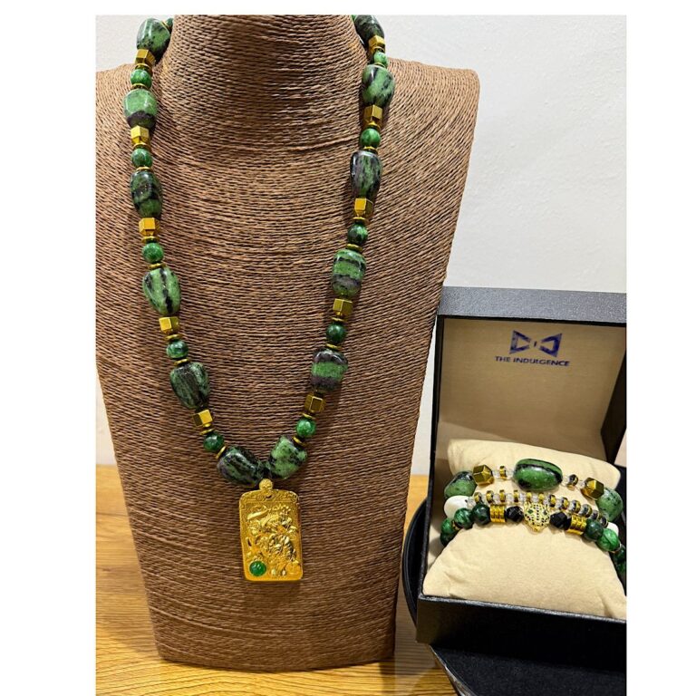 Mansa Musa Sovereign Set – Ruby Zoisite + Jade Men’s Neck Bead Bracelet -The Indulgence