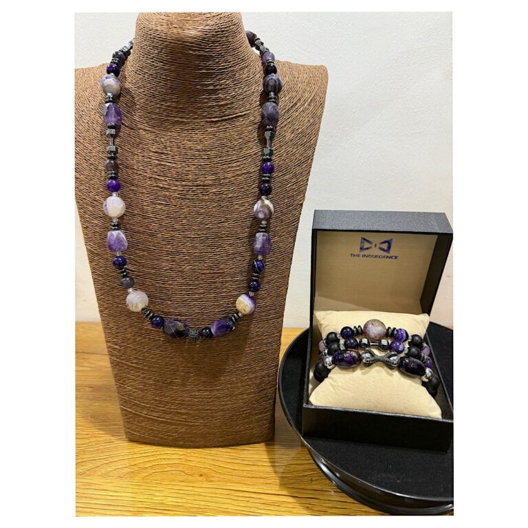 Oba Ameto Legacy – Purple Agate Men’s Neck Bead Bracelet Set - The Indulgence