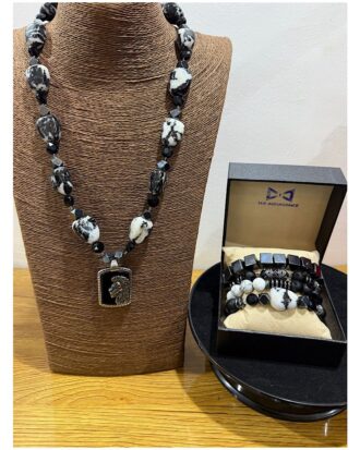 Ogbeni Akin Zebra Jasper Men’s Neck Bead Bracelet Set - The Indulgence