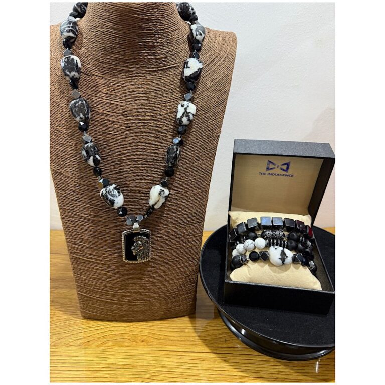 Ogbeni Akin Zebra Jasper Men’s Neck Bead Bracelet Set - The Indulgence