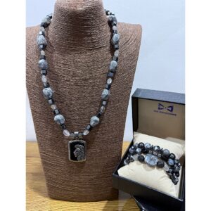 The Regal Mane Set – Natural Grey Jasper Neck Bead Bracelet Set