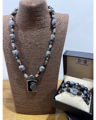 The Regal Mane Set – Natural Grey Jasper Neck Bead Bracelet Set