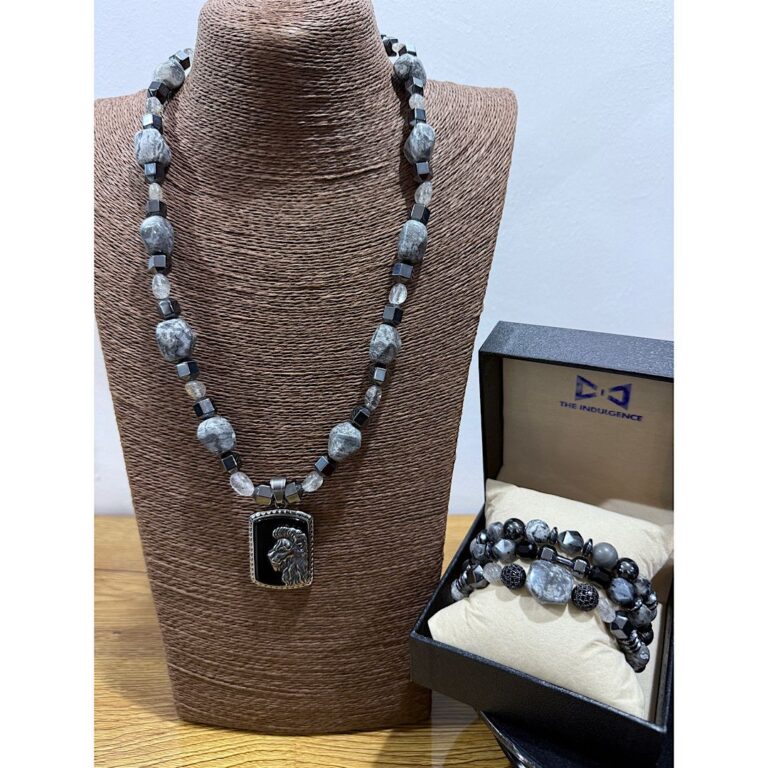 The Regal Mane Set – Natural Grey Jasper Neck Bead Bracelet Set