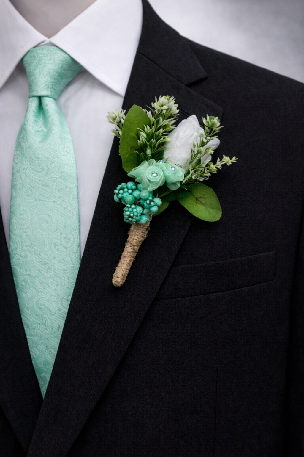 mint green tie with floral boutonniere on black suit groom wedding accessory set