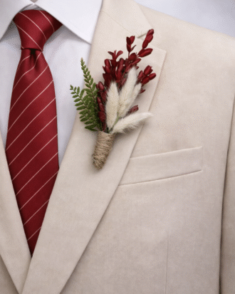 red striped tie with rustic boutonniere on beige suit groom wedding accessory set”