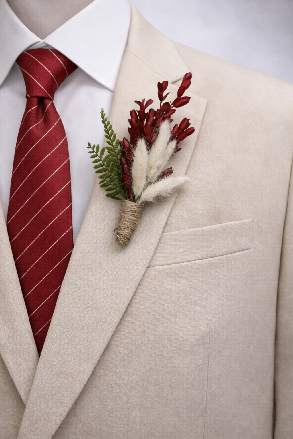 red striped tie with rustic boutonniere on beige suit groom wedding accessory set”