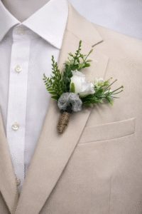 Emerald Green Tie With White Rose Boutonniere On Beige Suit Groom Wedding Accessory Set