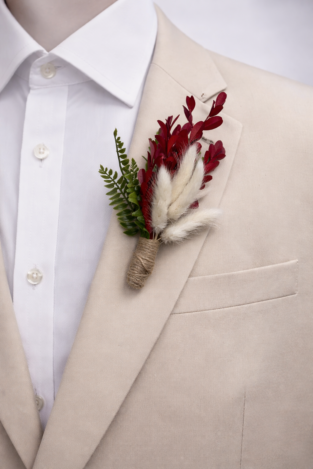 red striped tie with rustic boutonniere on beige suit groom wedding accessory set”