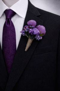 Deep Purple Boutonniere with Matching Paisley Tie – Luxury Groom Wedding Set