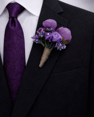 deep purple boutonniere with matching paisley tie on black suit groom wedding accessory set