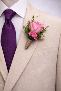Pink Rose Boutonniere with Purple Tie – Elegant Wedding Set for Groom & Groomsmen
