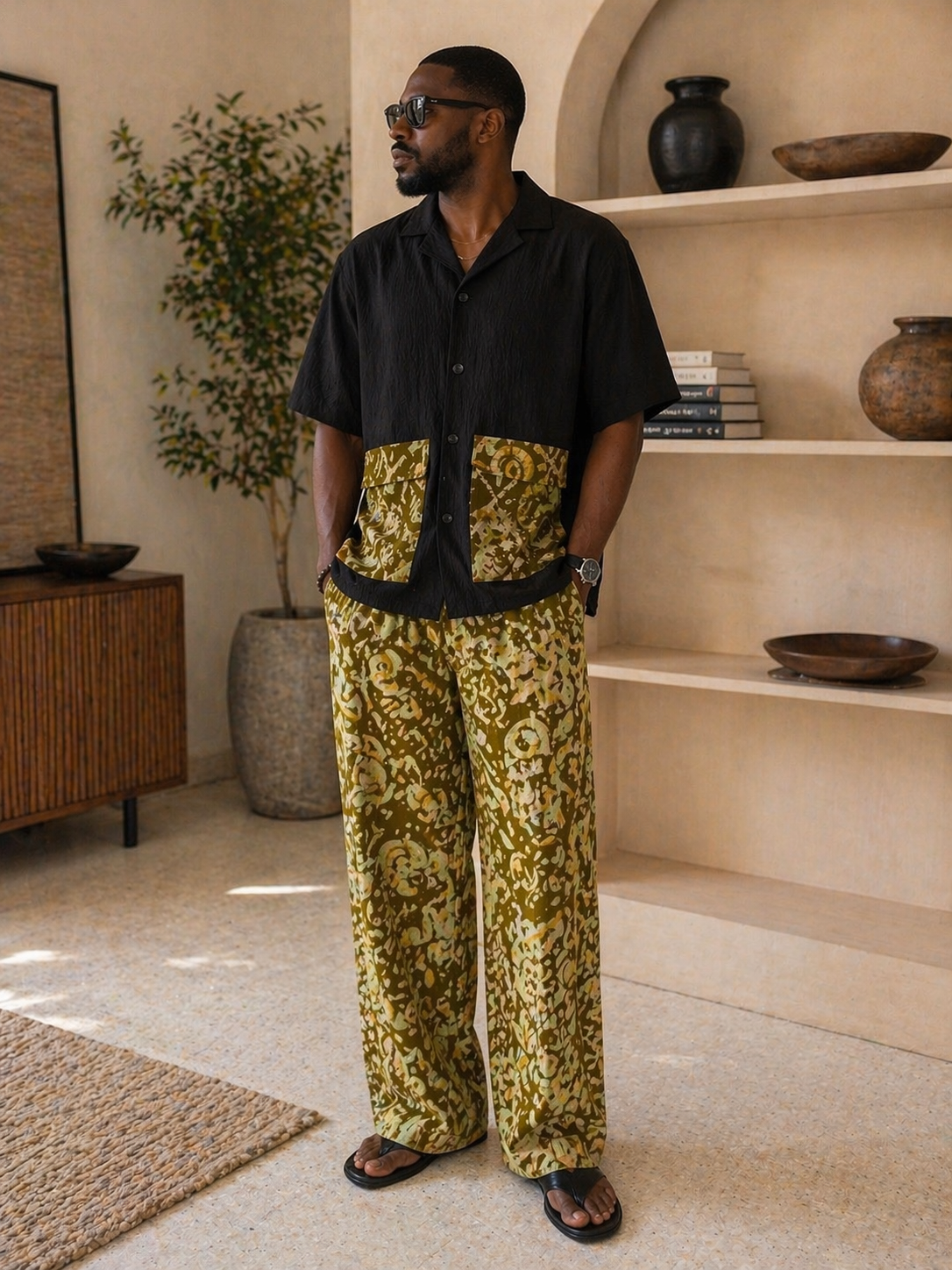 Mens Adire Two Piece Lounge Outfit (Gen M Brown).