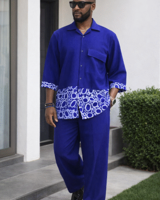 Navy blue mens two piece mensah rib adire print