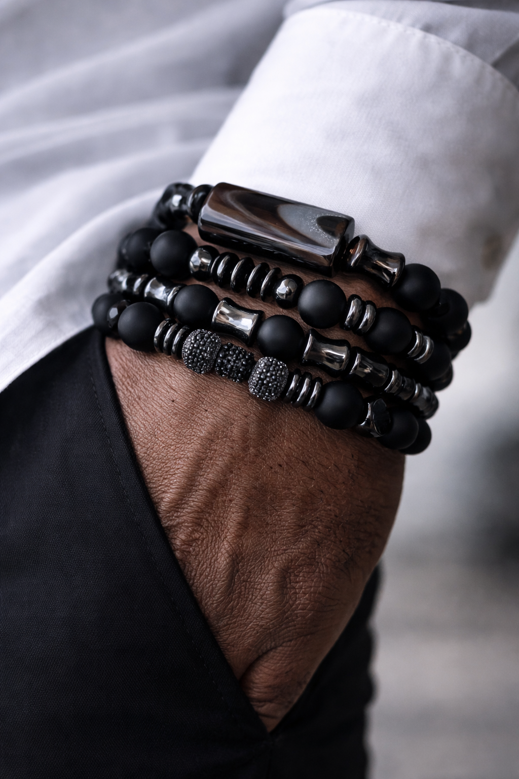 Black Bead Men Premium Bracelet Set (Oba Enitan)