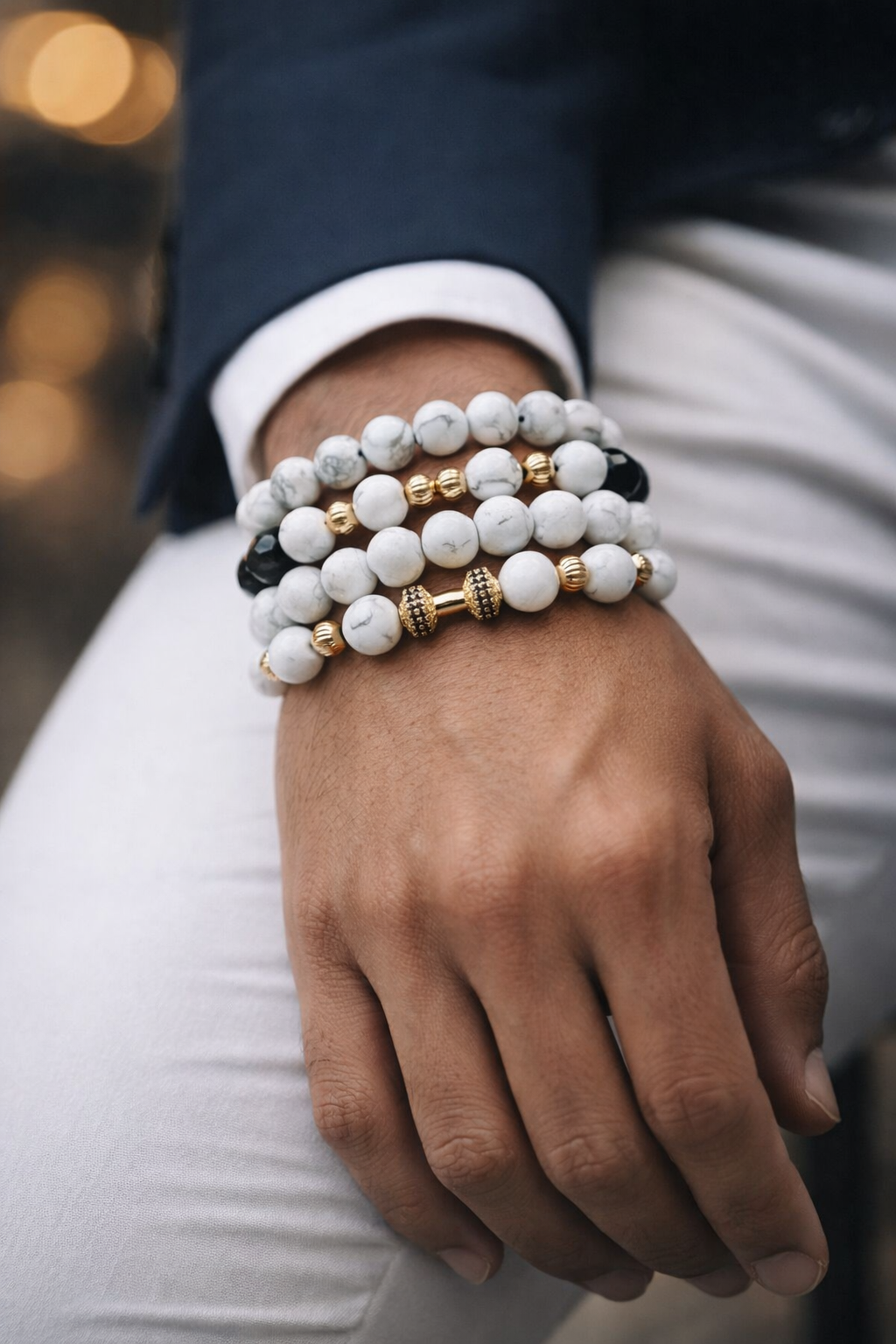 White Bead Mens Premium Bracelet Set (Olubadan)