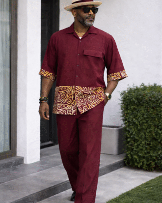 Wine mens two piece mensah rib adire print