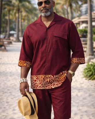 Wine mens two piece mensah rib adire print 2