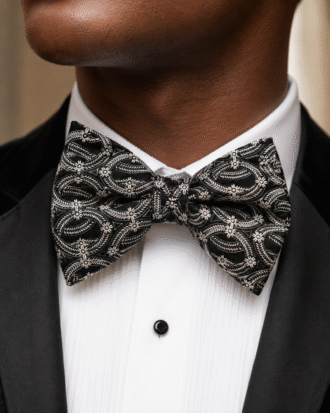 Close-up portrait of a man wearing a black and silver patterned bow tie with a white tuxedo shirt and black dinner jacket.