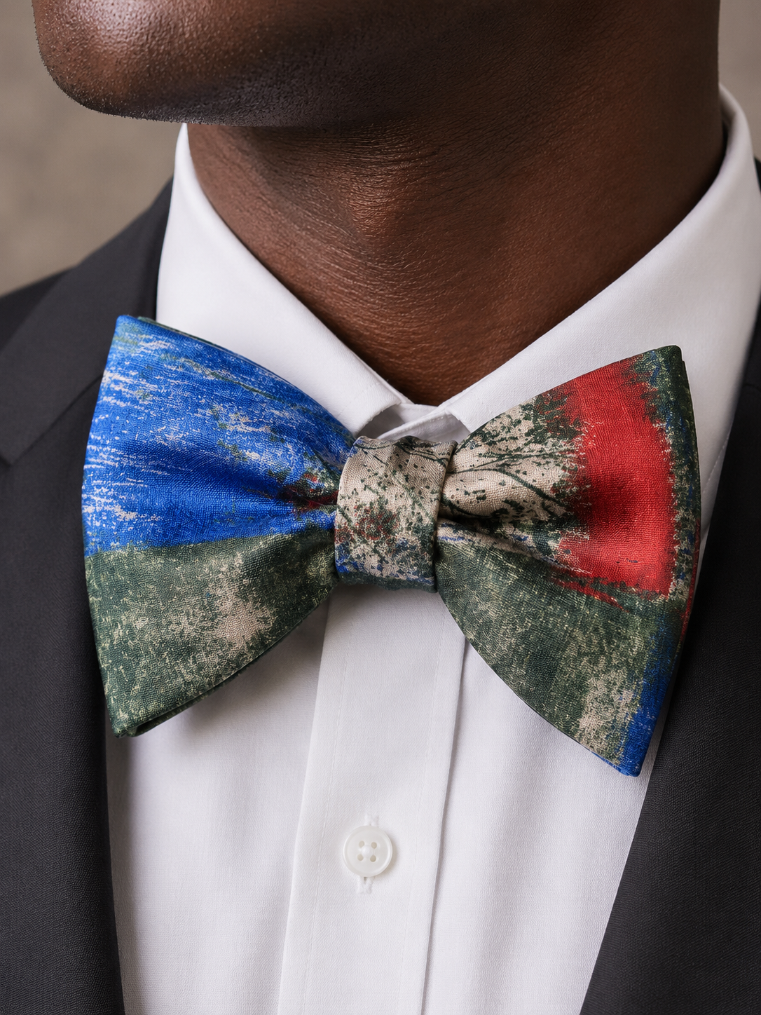 Close-up portrait of a man wearing a multicolored abstract satin bow tie with a white shirt and black tuxedo.