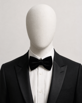 Black Men’s Velvet Bow Tie (Falano Double) by The Indulgence worn with a black tuxedo and white dress shirt