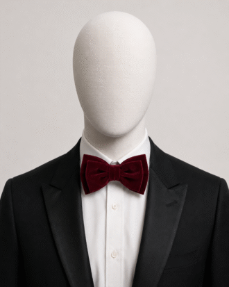 Burgundy Men’s Velvet Bow Tie (Falano Double) by The Indulgence worn with a black tuxedo and white dress shirt