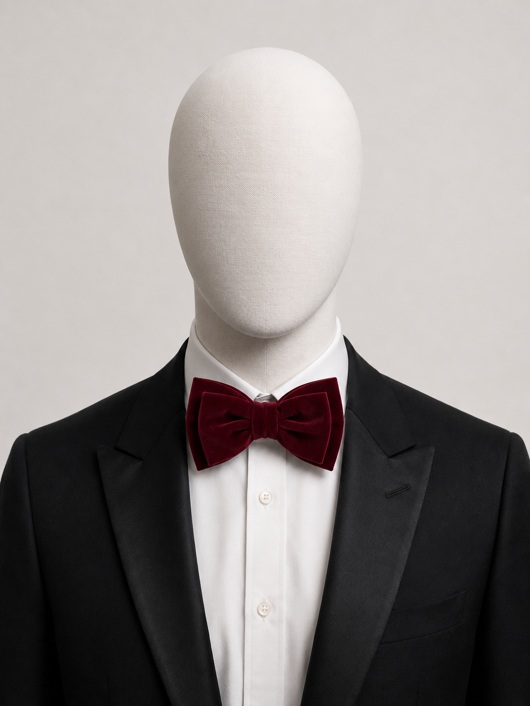 Burgundy Men’s Velvet Bow Tie (Falano Double) by The Indulgence worn with a black tuxedo and white dress shirt