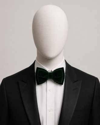 Emerald Green Men’s Velvet Bow Tie (Falano Double) by The Indulgence worn with a black tuxedo and white dress shirt