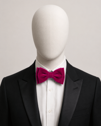 Fuchsia Pink Men’s Velvet Bow Tie (Falano Double) by The Indulgence worn with a black tuxedo and white dress shirt
