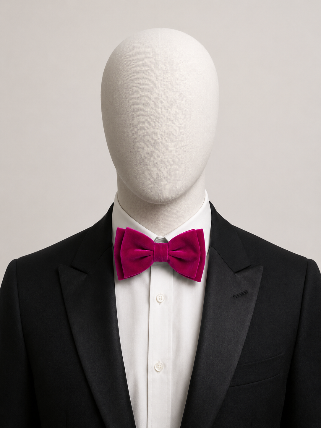 Fuchsia Pink Men’s Velvet Bow Tie (Falano Double) by The Indulgence worn with a black tuxedo and white dress shirt