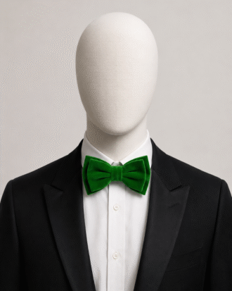 Kelly Green Men’s Velvet Bow Tie (Falano Double) by The Indulgence worn with a black tuxedo and white dress shirt