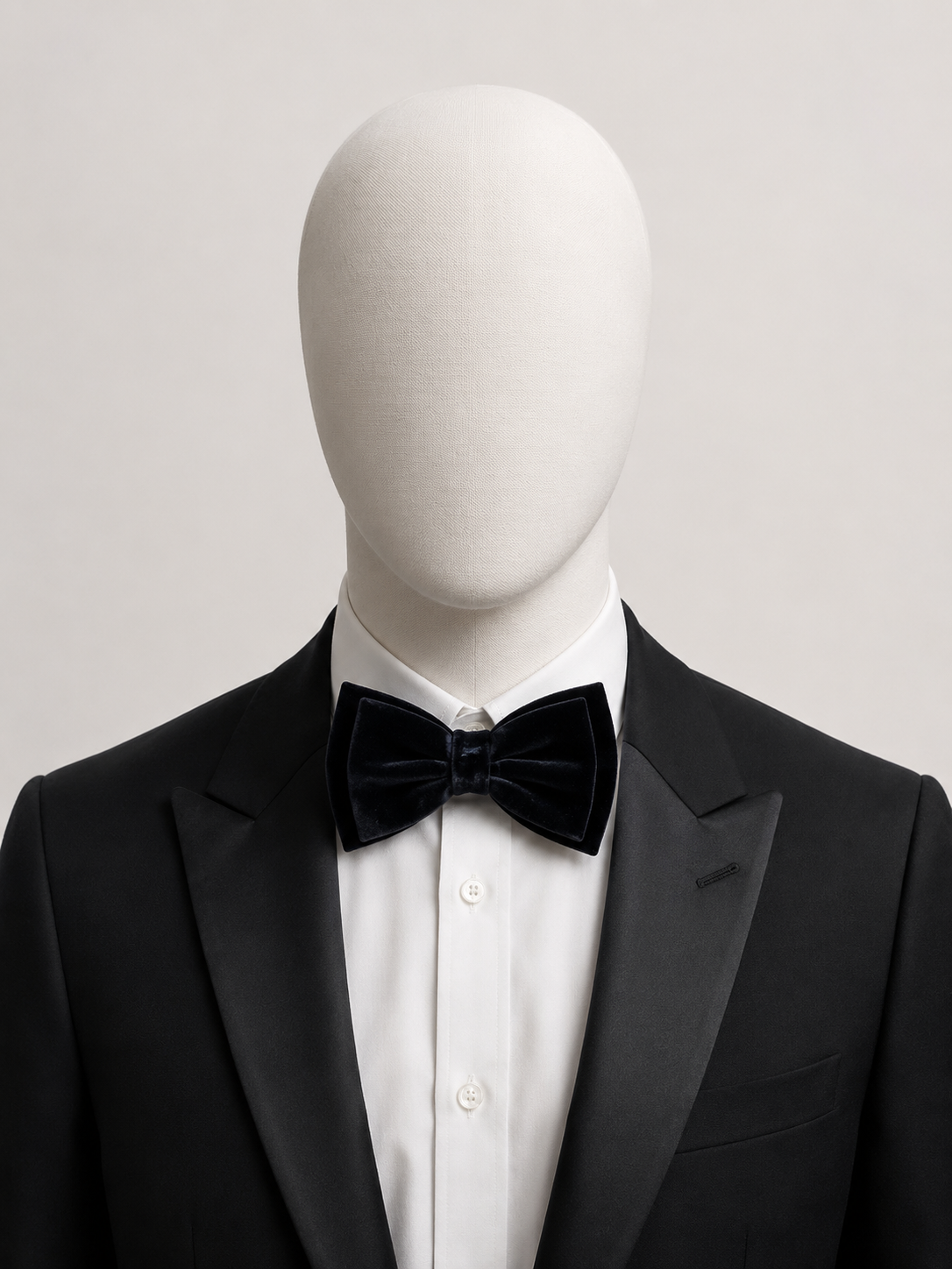 Midnight Blue Men’s Velvet Bow Tie (Falano Double) by The Indulgence worn with a black tuxedo and white dress shirt
