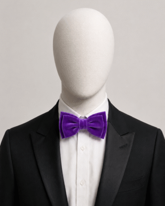 Purple Men’s Velvet Bow Tie (Falano Double) by The Indulgence worn with a black tuxedo and white dress shirt