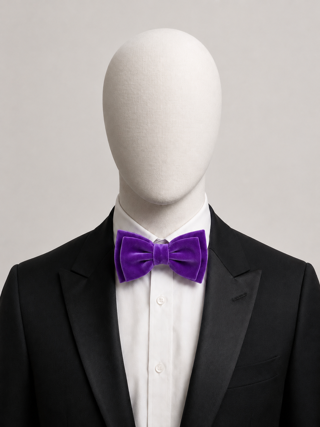 Purple Men’s Velvet Bow Tie (Falano Double) by The Indulgence worn with a black tuxedo and white dress shirt