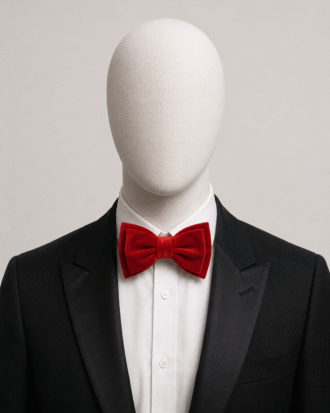 Red Men’s Velvet Bow Tie (Falano Double) by The Indulgence worn with a black tuxedo and white dress shirt