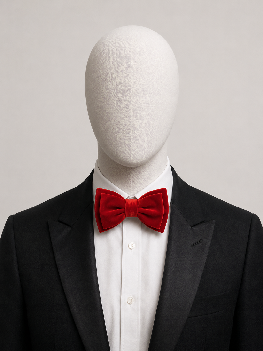 Red Men’s Velvet Bow Tie (Falano Double) by The Indulgence worn with a black tuxedo and white dress shirt