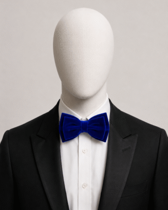 Royal Blue Men’s Velvet Bow Tie (Falano Double) by The Indulgence worn with a black tuxedo and white dress shirt