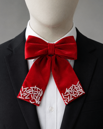 Luxury Red Velvet Wedding Bow Tie with Hand-Beaded Detail for Men