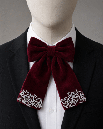 Luxury Wine Velvet Wedding Bow Tie with Hand-Beaded Detail for Men