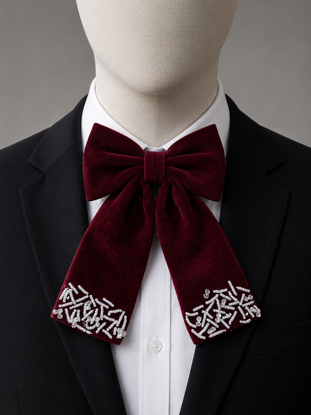 Luxury Wine Velvet Wedding Bow Tie with Hand-Beaded Detail for Men