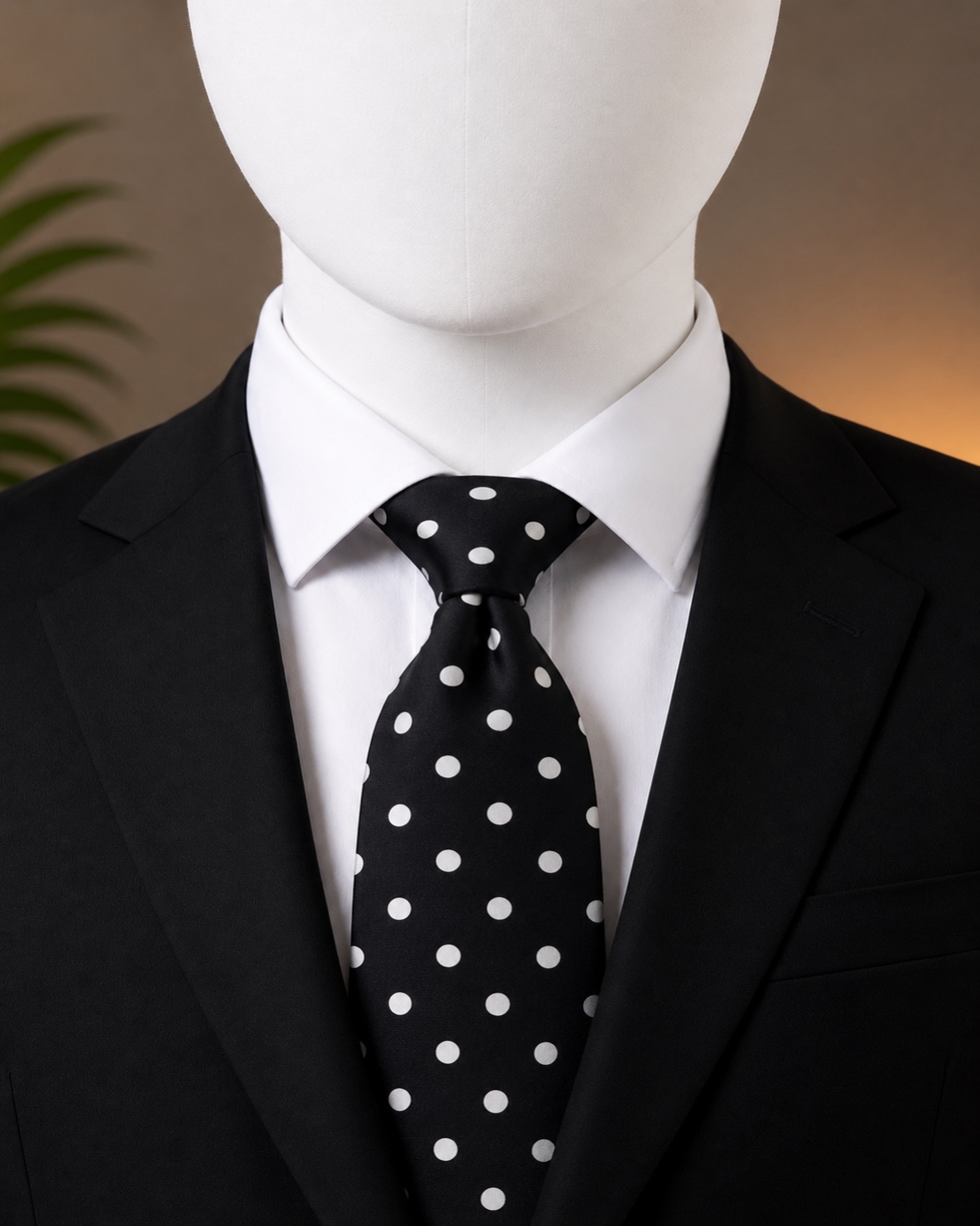 Black Polka Dot Men’s Tie on White Faceless Mannequin