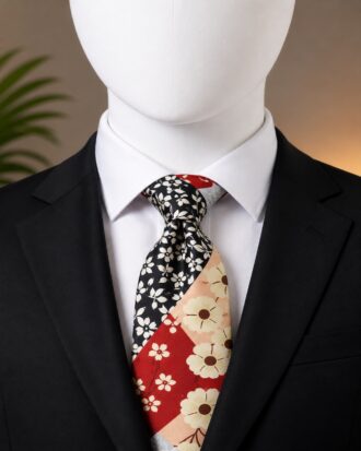 Black & Red Floral Men’s Tie on White Faceless Mannequin