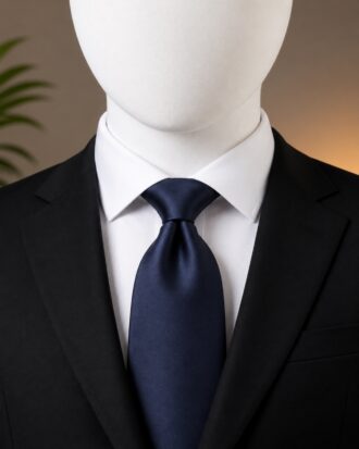 Navy Blue Silk Plain Men’s Tie displayed on a white faceless mannequin.