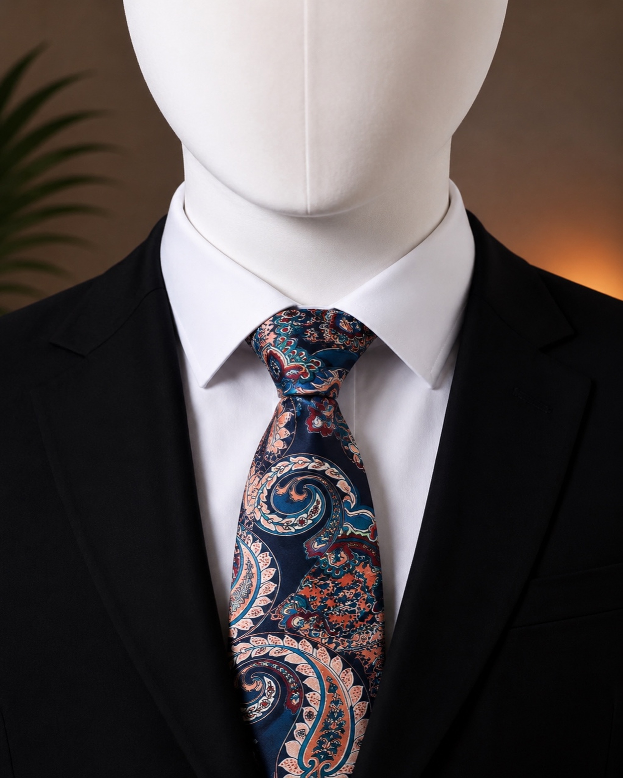Navy Paisley Floral Men’s Tie on White Faceless Mannequin