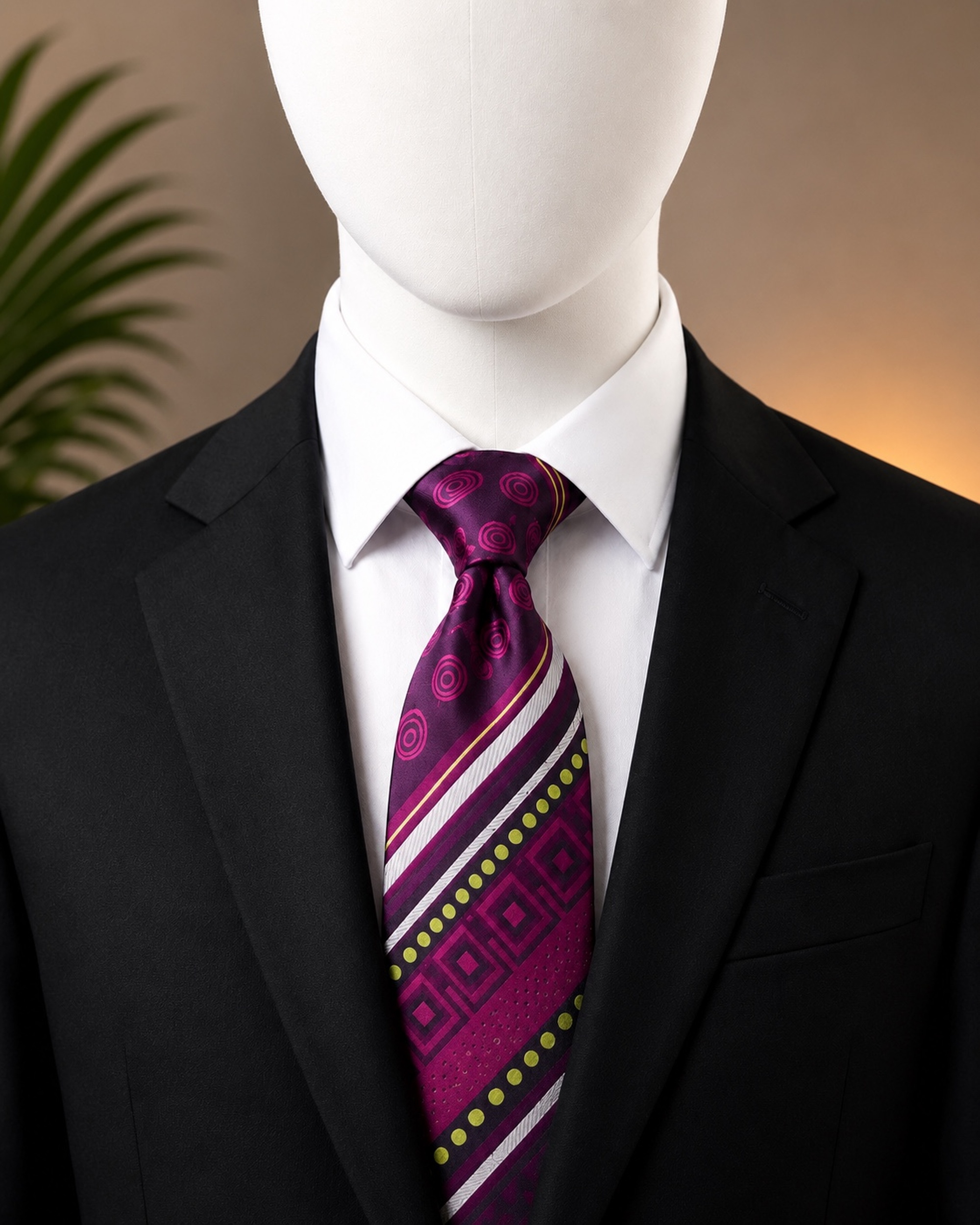 Purple Geometric Men’s Tie displayed on a white faceless mannequin.