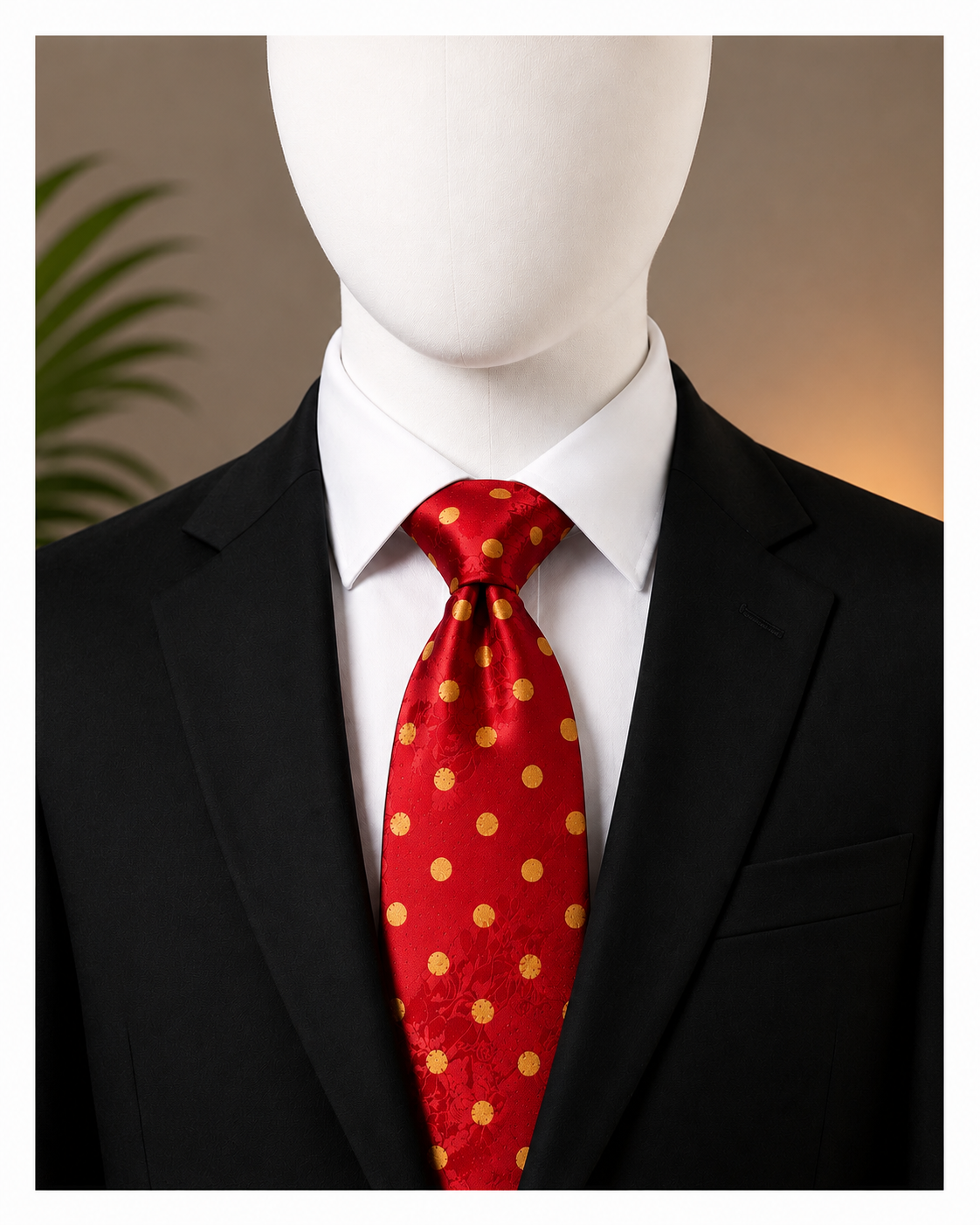 Red polka dot men’s tie displayed on a white faceless mannequin.