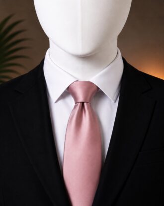 Plain Rose Gold Silk Men’s Tie on a white shirt and black suit, premium luxury necktie by The Indulgence.