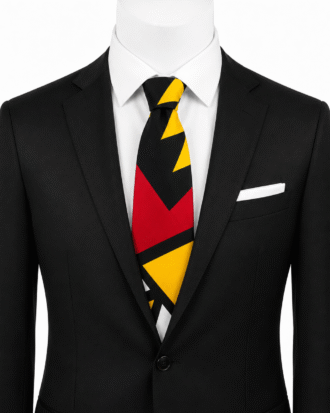 Adebayo men’s Ankara tie in red, yellow, black and white geometric print