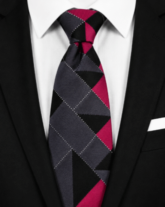 Ademola men’s Ankara tie in black, charcoal grey and deep magenta geometric print